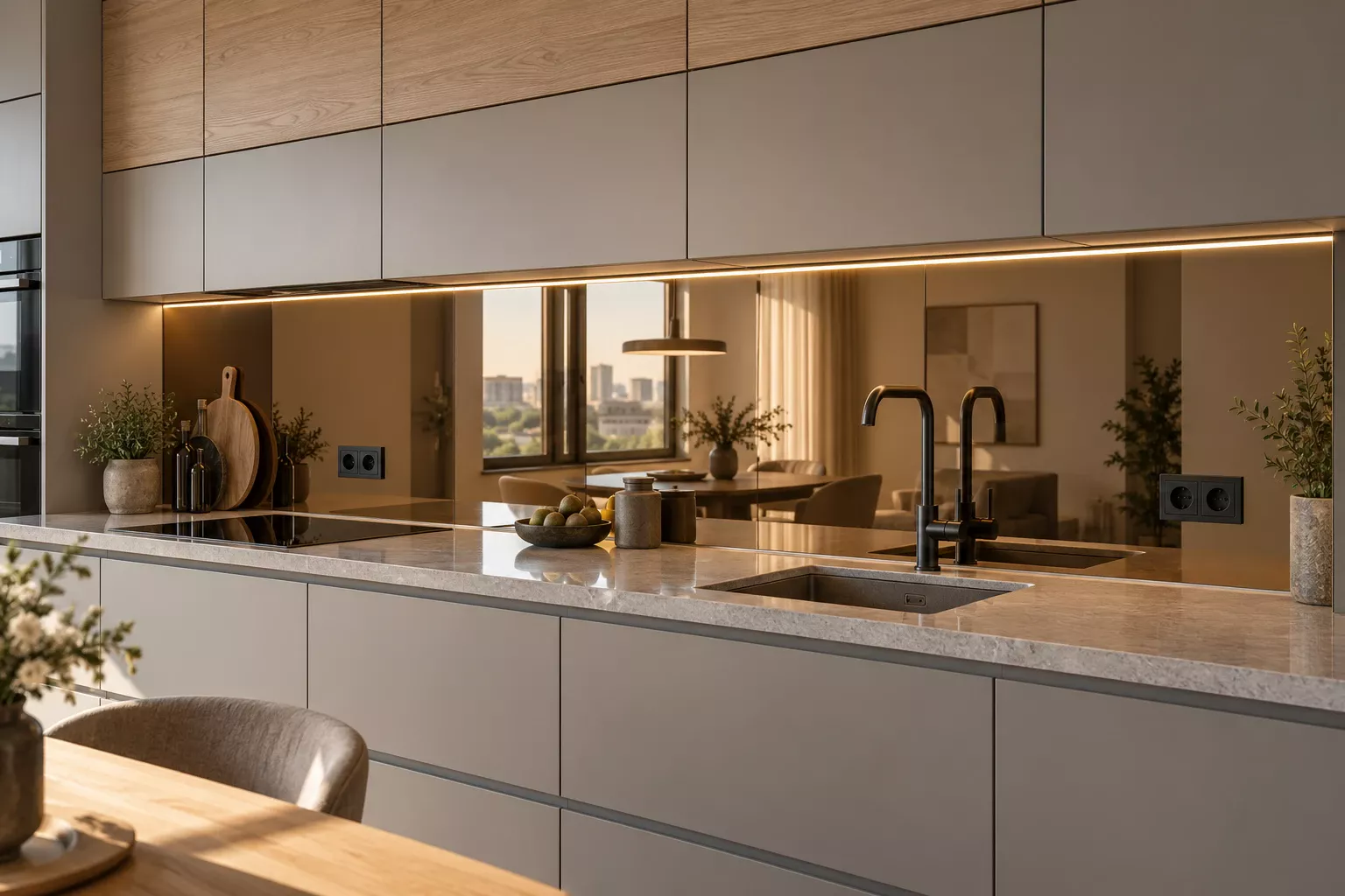 Обычные и тонированные зеркала: кухонный фартук в интерьере