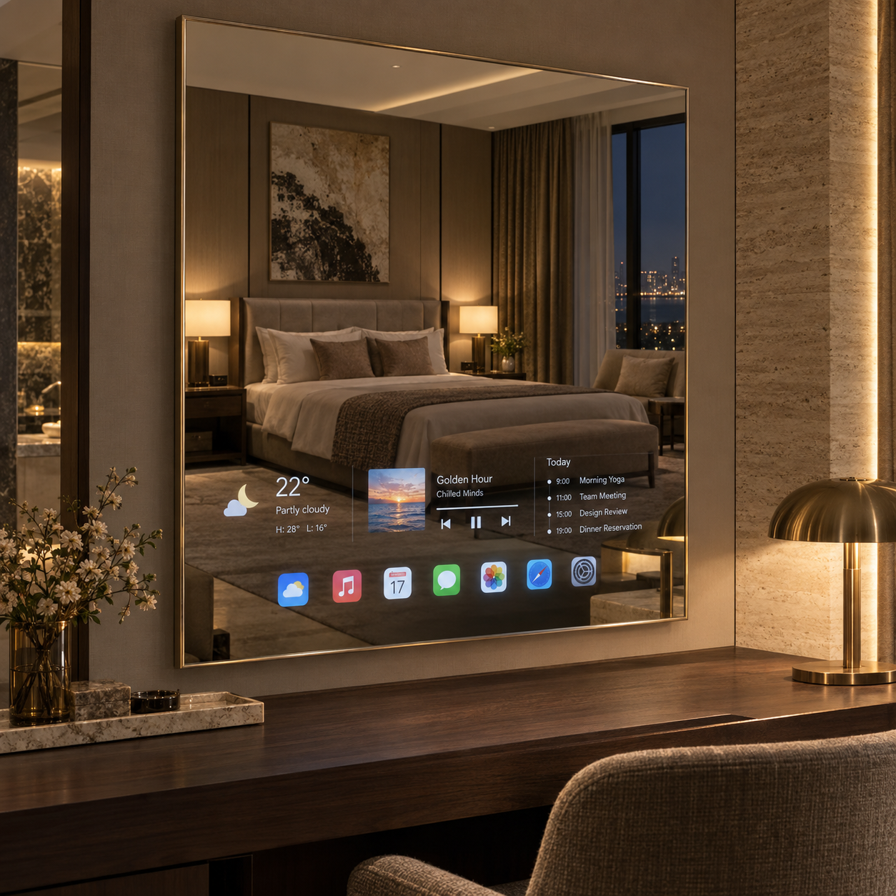 Smart Mirror с тонкой алюминиевой рамой в гостиничном номере