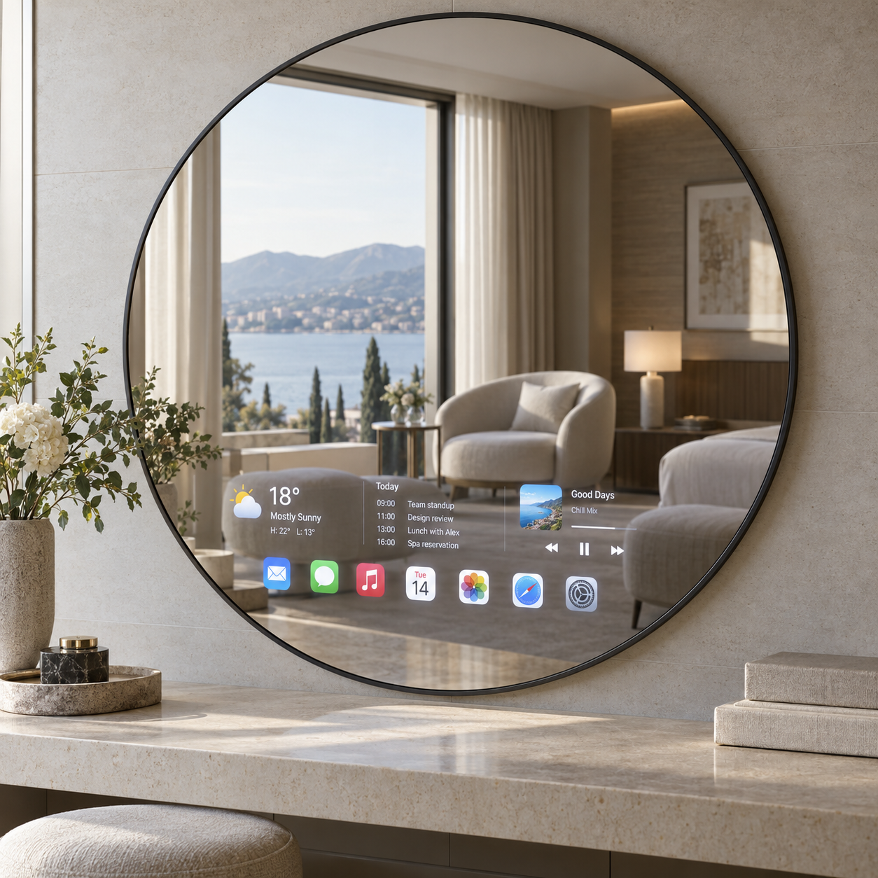 Круглое Smart Mirror в тонкой раме в светлом люксе
